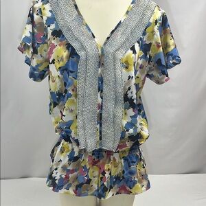 NY Collection‎ Abstract Floral & Ruffled Sailor Polka Dot Collar Blouse Size L